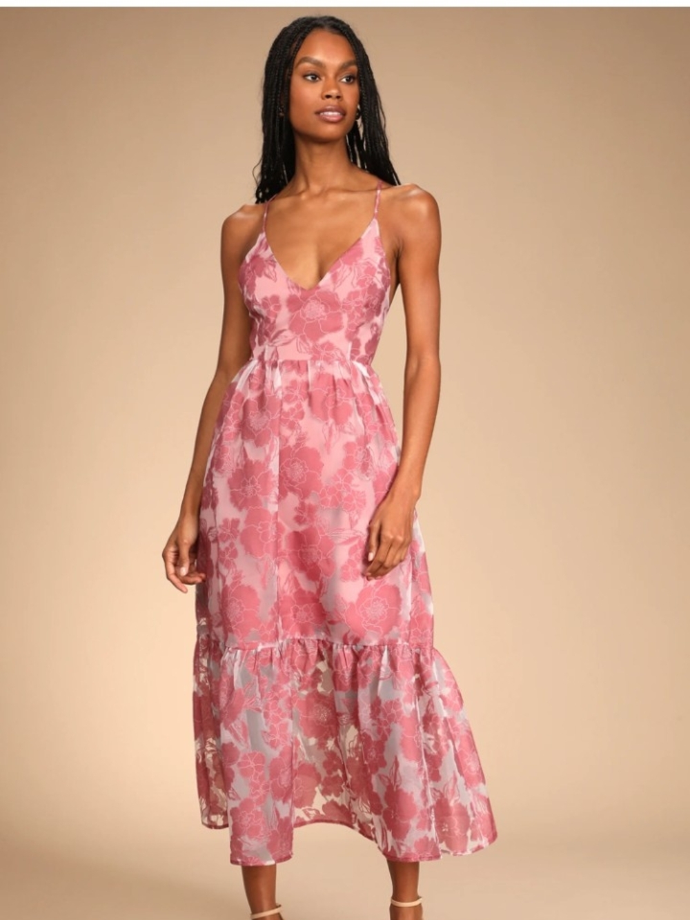 Lulus "Feeling Like Forever" Rose Jacquard Organza Lace-Up Midi Dress